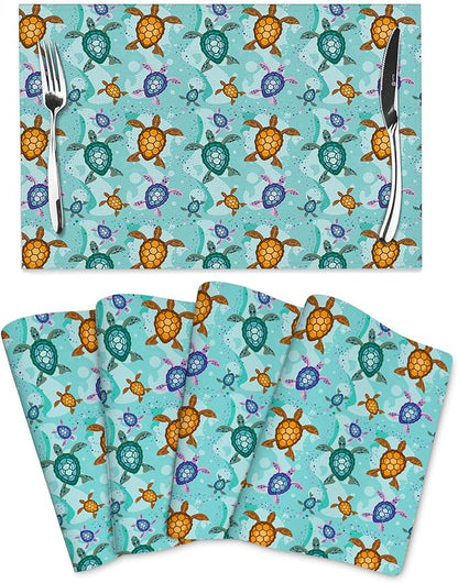 Cute Sea Turtle Placemats Set of 4 Ocean Themed Decorative Table Mat | Washable Non-Slip Heat-Resistant Teal Nautical Linen Place Mats for Kitchen Dining Outdoor Party Home Decor 12"x18"