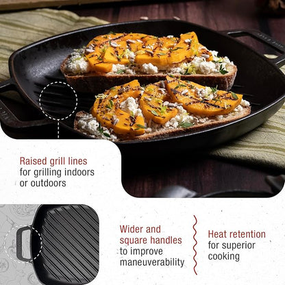 Victoria Cast Iron Square Grill Pan with Double Loop Handles, Made in Colombia, 10 Inches