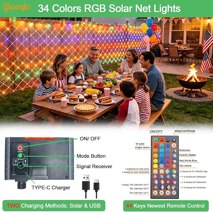 34 Colors Changing Net Lights Outdoor Solar & USB Powered, 6.5x6.5ft | RGB Solar Net Lights with Remote, 120LED Christmas Net String Lights Waterproof Green Wire Bush Lights for Backyard Patio