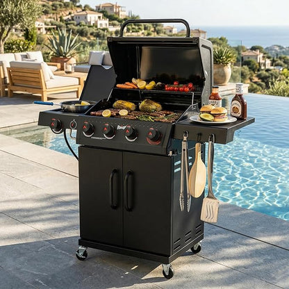 Feasto 4-Burner Propane Gas Grill w/Sear & Side Burner, Porcelain-Enameled Main Body and Lid, 49,500 BTU Outdoor BBQ Grill, 563 Sq. In. Cooking Area, Cabinet Storage, Backyard Patio Grill, Black