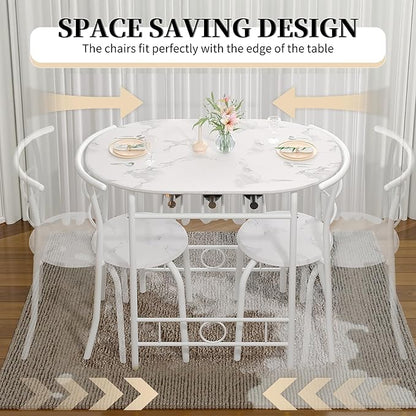 VECELO 3-Piece Dining Table Set for Kitchen Breakfast Nook, Faux Marbled Oval Tabletop and Metal Frame with Built-in Wine Rack, for Small Spaces, White