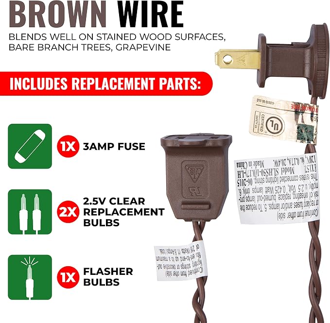 612 Vermont 50 Clear Incandescent Christmas String Lights Brown Wire Cord | UL Approved Indoor Outdoor Use, 10' Lighted Length, 11' Total Length, Mini Lights, Connect Up To 10 Sets End To End