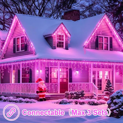 YEGUO 33ft 400 LED Pink Icicle Lights, 80 Drops Icicle Lights for Outside Connectable, 8 Modes String Christmas Light with Memory Timer