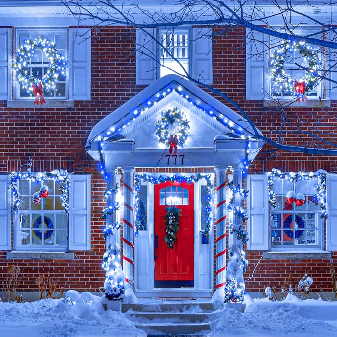 Vivideal 200 LED Christmas Lights Outdoor, 66ft Christmas String Lights 8 Modes Plug in Waterproof Fairy Lights with Timer Memory for Indoor Outside Bedroom Home Party Decoration, Blue&White