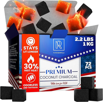 Premium Coconut Charcoal Cubes - Coconut Coals XL Pack of 72 Count & 1 KG (2.2 lbs) – Premium Quality 25mm (1x1x1 in) – 100% Natural Coconut Charcoal Cubes – NOT Quick Light - Pack of 1