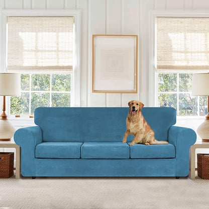 WEERRW 4-Piece Couch Cover for Sofa Velvet Slipcover Washable, Peacock Blue | Sofa Covers for 3 Cushion Couch Furniture Protector Sofa Slipcovers with Non Slip Elastic Bottom, Pet Friendly, Large