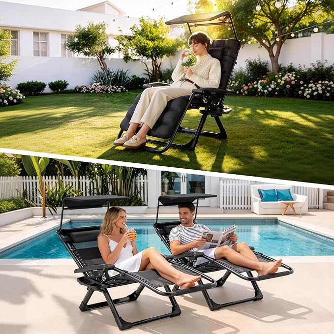 Suteck Zero Gravity Chair with Canopy, Reclining Camping Lounge Chairs | w/Removable Cushion, Upgraded Lock and Cup Holder, Reclining Patio Folding Recliner for Indoor and Outdoor