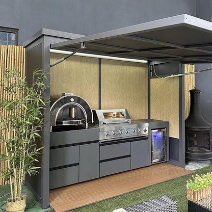 Modular Stainless Steel Outdoor Kitchen, Outdoor Cooking Station with Grill, Oven, Refrigerator, Sink and Bar Counter, Equipped with Automatic Lift Door & LED Lighting for Backyard Patio Garden