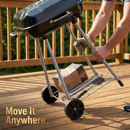 Portable 17.5-Inch Charcoal Kettle Grill with Wheels, Porcelain-Coated Steel Outdoor BBQ Smoker, Freestanding Grilling for Patio and Tailgating