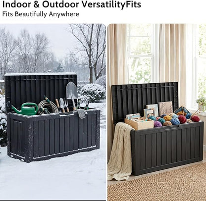 90 Gallon Deck Box Outdoor Storage Box Waterproof for Patio Furniture,Outdoor Cushions,Garden Tools and Pool Supplies,Lockable, Resin and Easy to Install Black