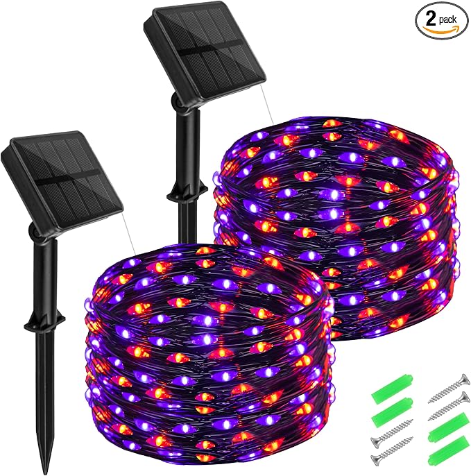 cshare Halloween Solar String Lights Outdoor, Orange Purple Solar Fairy Lights 2 Pack 16.4FT 50 LED Each, 8 Modes Waterproof Black Wire Fairy Lights for Yard Porch Fence Tree Bushes Decor