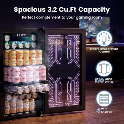 Electactic 3.2 Cu.Ft Compact Gaming Beverage Cooler | Light Up Glass Door, Digital Temp Control, Adjustable Shelves for Wine Beer Soda
