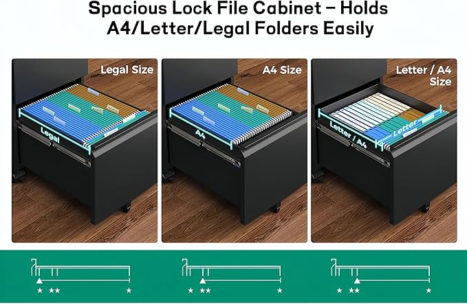Approgreent 2 Drawer Metal File Cabinet, Fully Assembled Locking Filing Cabinet with Anti-Tipping Wheels, Quiet Slide, Heavy-Duty Steel Construction, Fits A4 Letter Legal for Home Office, Matte Black