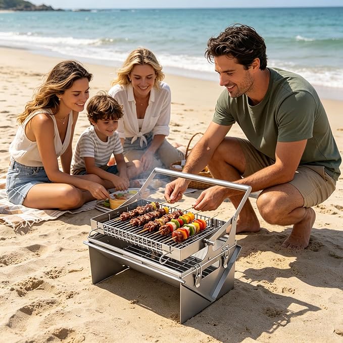 Portable 360°Rotating Charcoal Grill with Flipping Basket - 304 Stainless Steel Barbecue Grill for Camping, Tailgating, and Outdoor Adventures, Easy to Disassemble, Includes BBQ Bag New Upgrade