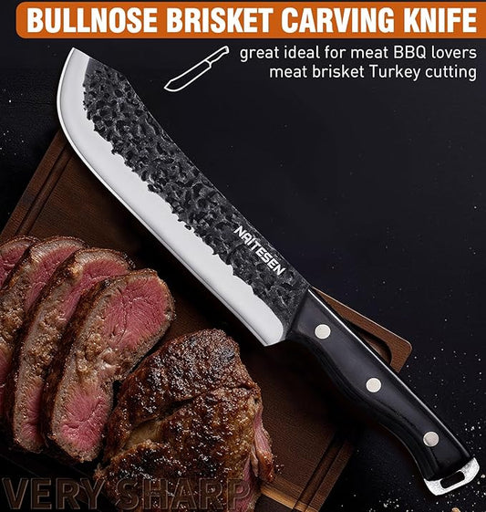Naitesen Professional Butcher Knife Set 3, Bullnose Meat Carving knife Breaking Knife Boning Knife Hand Forged Very Sharp for Meat Cutting Home Kitchen Cooking BBQ Gifts for Men Women