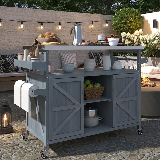 Ball & Cast Outdoor Kitchen Island,Rolling Bar Cart & Storage Cabinet,Farmhouse Solid Wood Outdoor Grill Table with Stainless Steel Top,Spice and Towel Rack,for Kitchen,Barbecue,Grey+Blue,50.25"