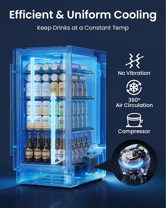 15 Inch Beverage Refrigerator 130 Cans | Under Counter Glass Door | 15 in beverage refrigerator, 130 cans, glass door, LED, lock, built-in or freestanding, quiet cooling for home, bar, kitchen