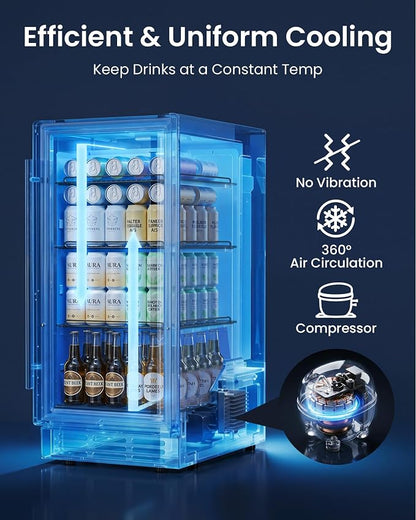 15 Inch Beverage Refrigerator 130 Cans | Under Counter Glass Door | 15 in beverage refrigerator, 130 cans, glass door, LED, lock, built-in or freestanding, quiet cooling for home, bar, kitchen