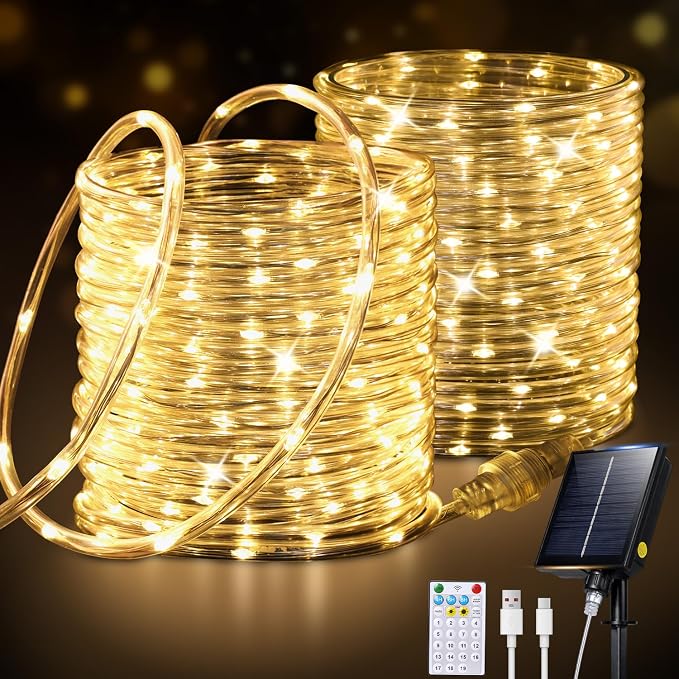 Connectable Solar Rope Lights Outdoor, 66FT 200 LEDs Solar String Lights, IP65 Waterproof 19 Modes Remote Tube Light for Outdoor Indoor Patio Backyards Garden Porch Pool Tree Decor, Warm White