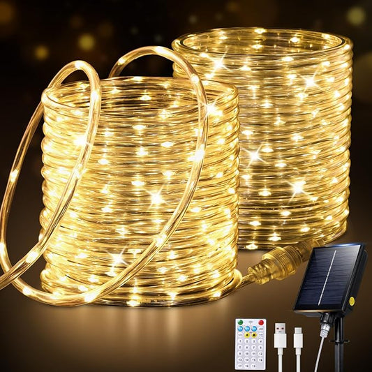 Connectable Solar Rope Lights Outdoor, 66FT 200 LEDs Solar String Lights, IP65 Waterproof 19 Modes Remote Tube Light for Outdoor Indoor Patio Backyards Garden Porch Pool Tree Decor, Warm White