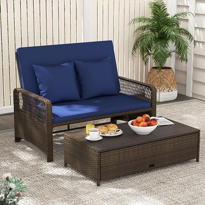 Tangkula Patio Rattan Daybed with 4-Level Adjustable Backrest, 2-Person Outdoor Wicker Loveseat with Storage Ottoman & Soft Cushions, Double Sunbed Lounger for Backyard, Porch, Poolside (Navy)