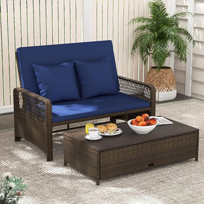 Tangkula Patio Rattan Daybed with 4-Level Adjustable Backrest, 2-Person Outdoor Wicker Loveseat with Storage Ottoman & Soft Cushions, Double Sunbed Lounger for Backyard, Porch, Poolside (Navy)