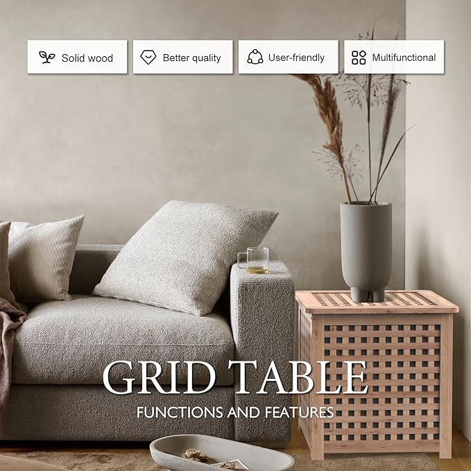 Wooden Grid Side Table for Indoor/Outdoor,Small Coffee Table for Boho Corner/Patio/Living Room,Storage Bin Deck Box for Cushions,Toys,Furniture Covers,Etc.Original Wood Color