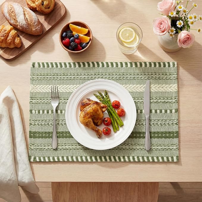 Artoid Mode Army Green Farmhouse Woven Braided Stripe Placemats Set of 4,12x18 Inch Seasonal Holiday Table Mats Party Kitchen Dining Decoration
