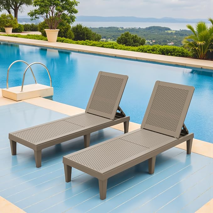 Greesum Lounge Chairs Set of 2 All Weather Outdoor Angle Adjustable Chaise for Beaches,Gardens,Decks and Pools,Light Coffee