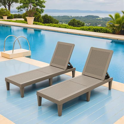 Greesum Lounge Chairs Set of 2 All Weather Outdoor Angle Adjustable Chaise for Beaches,Gardens,Decks and Pools,Light Coffee
