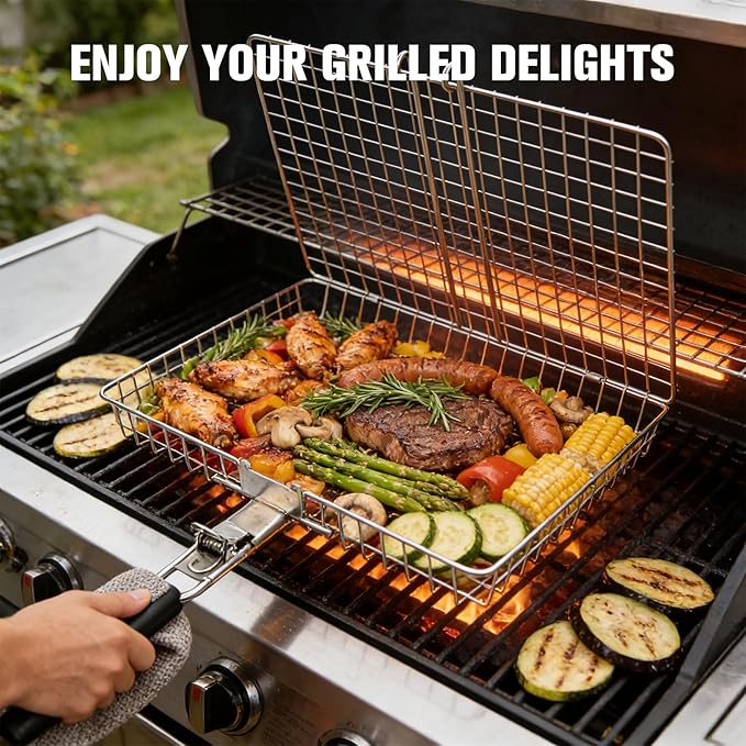 Grill Basket for Outdoor with Removable Handle,Stainless Steel BBQ Camping Cooking Accessories Tools for Meat Steak Fish Vegetable Shrimp, Gifts for Men Dad Husband