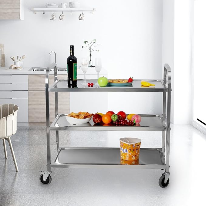 uyoyous Extra Large 3 Tier Stainless Steel Utility Cart 37x20x37 inch | Heavy Duty Rolling Cart Food Storage Service Trolley with 360° Rotatable Wheels for Kitchen Hotel Restaurant Home Use