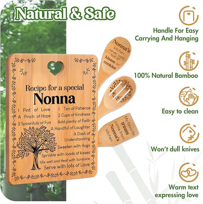 Nonna Gifts - "Recipe for a Special Nonna" Gifts for Nonna Cutting Board Set, Bamboo-Made Engraved Utensil Set Nonna Gifts for Grandma Cutting Board, Mothers Day Gifts for Nonna.