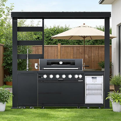 94-Inch 6-Burner 85000 BTU Stainless Steel Natural Gas Grill Outdoor Kitchen Island with Canopy,684Sq.In Cooking Area,Wine Cooler,Refrigerator,Rotisserie,For Backyard BBQ,Black