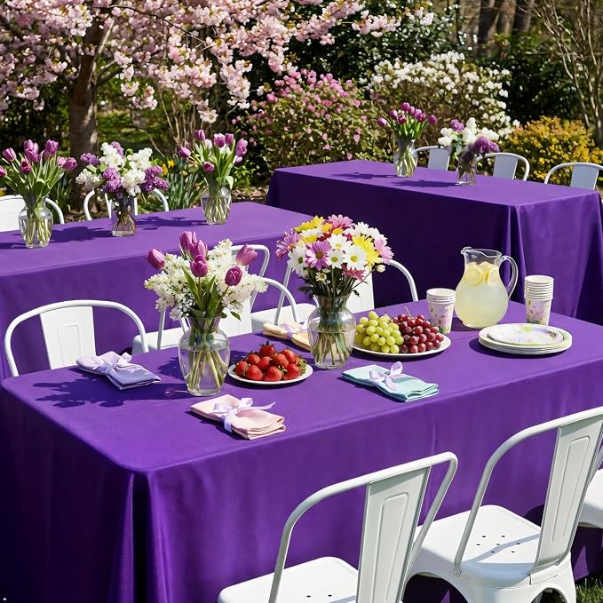 8 Pack Purple Tablecloth 60 x 126 Inch Rectangle For 8 Foot Tables | Wrinkle Resistant, Washable Polyester Fabric, Rectangular Table Cloth for Wedding Party Banquet Buffet and Camping