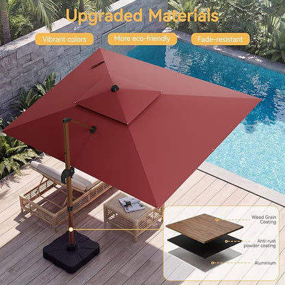10x13 FT Wood Pattern Patio Umbrella, Large Deluxe Cantilever Rectangular Double Top Heavy Duty Offset Umbrellas with 360° Rotation, Outdoor shade for Garden Deck Pool Patio, Red