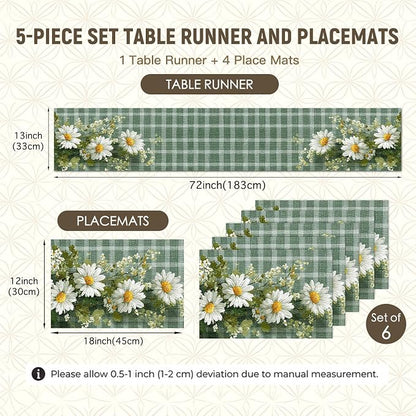 Nuxovilar Tablerunner and Placemats Set of 7 Green Plaid with Daisy Decor Linen Square Placemats for Dining Dining Sets and Accessories Outdoor Picnic, Patio Dinner, Daily Meals