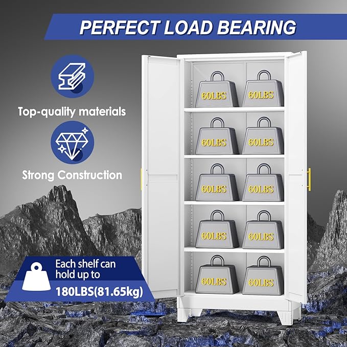 71" Metal Garage Storage Cabinet with 2 Doors and 4 Adjustable Shelves,Metal Storage Cabinets,Steel Tool Cabinets for Home,Office,Garage,Warehouse (White, 71''H x 29''W x 14''D)