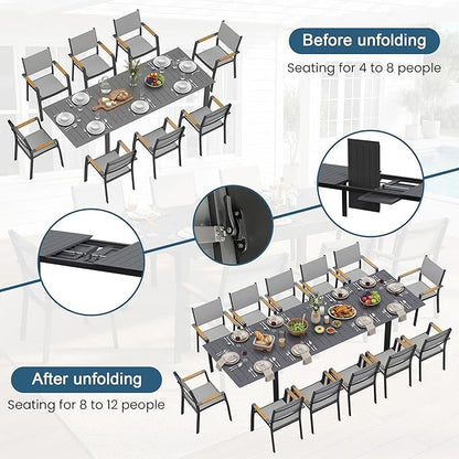 Wisteria Lane 13 Piece Aluminum Outdoor Dining Sets with 3-Adjustable Length Dining Table, 121" L×39.4" W Expandable Patio Table and Chairs Set for 12, Stackable Chairs with Quick Drying Fabric, Grey