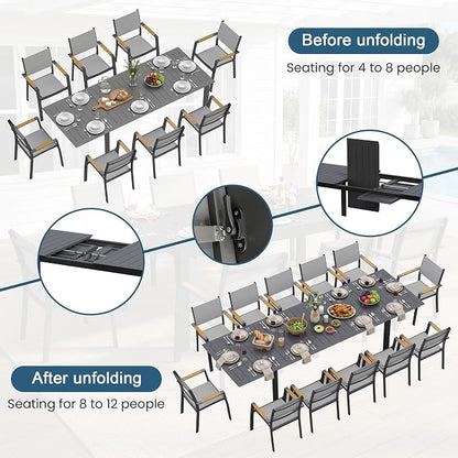 RoyalCraft Aluminum Outdoor Patio Table and Chairs Set with 121" L -81" L Expandable Dining Table, 9-Pieces Patio Furniture Set for 8, Outdoor Dining Set with Stackable Quick Drying Chairs, Grey