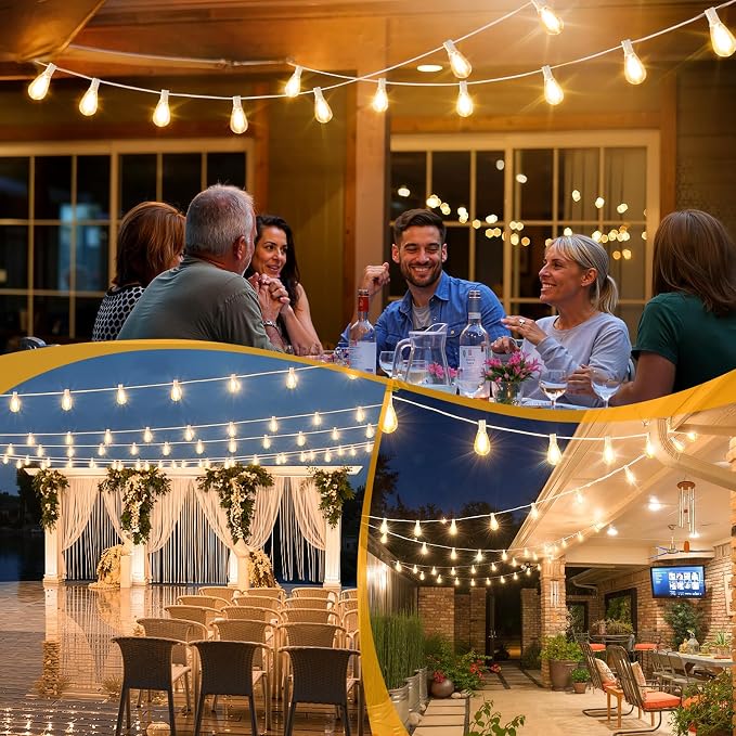 50FT(2x25FT) Solar String Lights with Remote, Outdoor Patio Lights | 3 Lighting Mode, Waterproof, Dimmable Bistro Lights String, with 20+2 Shatterproof S11 LED Bulbs, White Wire, for Backyard
