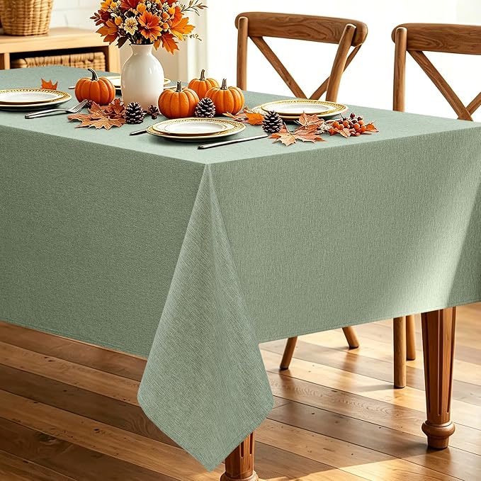 Faux Linen Farmhouse Table Cloth 60"x144" for 10 ft Rectangle Table, Sage Green Waterproof Outdoor Washable Cloth Tablecloth for Rectangular Dining Room Kitchen Outdoor Party Restaurant Table
