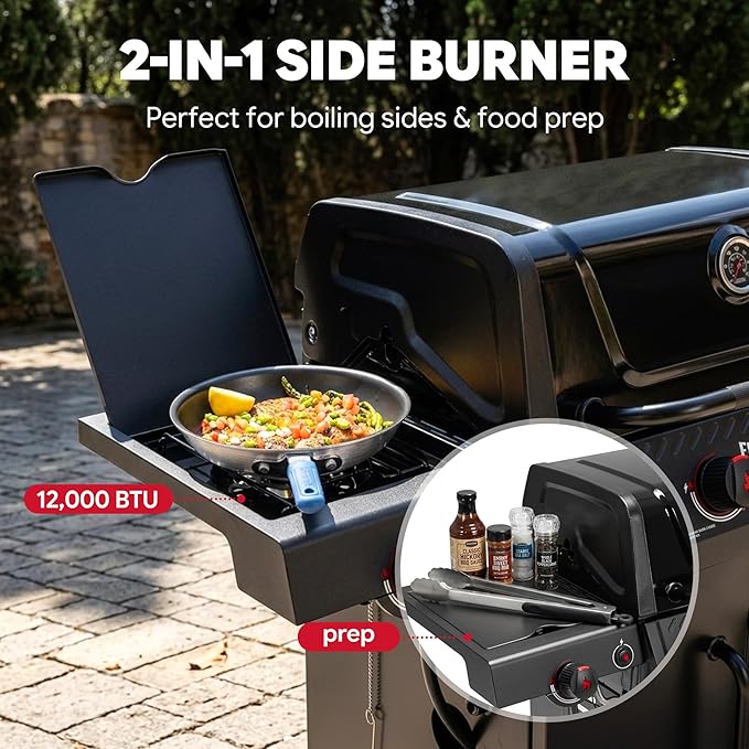 Feasto 4-Burner Propane Gas Grill w/Sear & Side Burner, Porcelain-Enameled Main Body and Lid, 49,500 BTU Outdoor BBQ Grill, 563 Sq. In. Cooking Area, Cabinet Storage, Backyard Patio Grill, Black