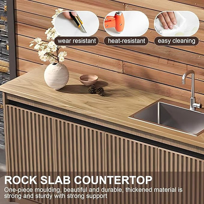 87IN Outdoor Kitchen Cabinet - Kitchen Cabinet with Countertop Includes Stripe Design & Mop Pool,Outdoor Table with Aluminum Alloy,Stainless Steel Sink and Slate Countertop,Hidden Handle