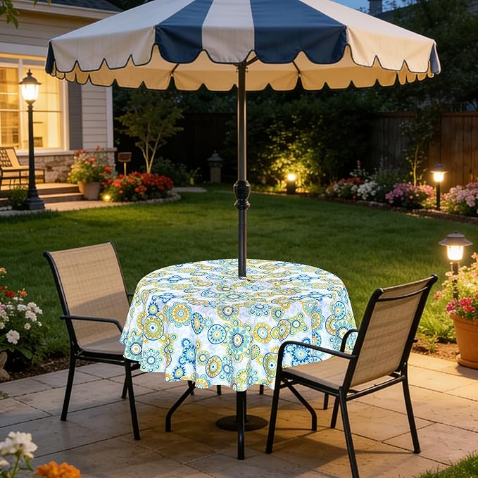 Poise3EHome 60 inches Outdoor/Indoor Waterproof Spillproof Round Tablecloth with Umbrella Hole for Camping, Picnic, Patio, Party, Spring, Floral