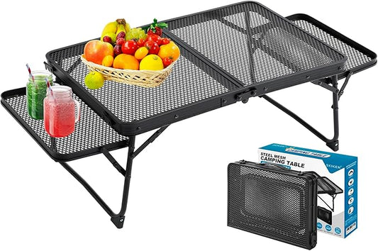 Small Low Camping Table with 2 Wing Panels, Folding Low Picnic & Outdoor Table with 2 Shelves, Lightweight & Easy Carry for Beach, Fishing, Sturdy Steel Mesh Top (3 FT, Black)