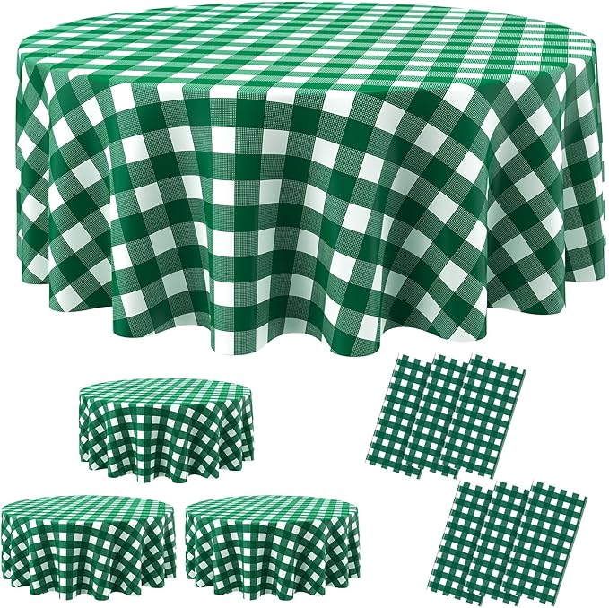 6 Pcs Disposable Checkered Tablecloth Round Plastic Buffalo Plaid Table Cloth 84'' Gingham Tablecover for Picnic Camping BBQ Graduation Party(Green White)