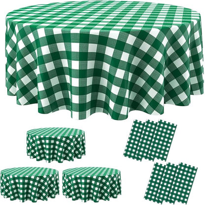 6 Pcs Disposable Checkered Tablecloth Round Plastic Buffalo Plaid Table Cloth 84'' Gingham Tablecover for Picnic Camping BBQ Graduation Party(Green White)