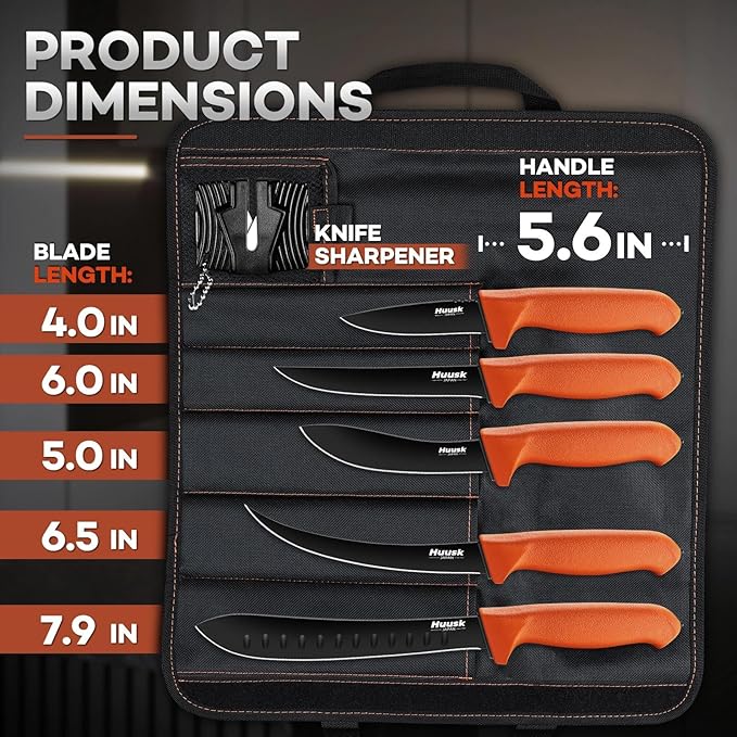 Huusk 5pcs Butcher Knife Set - Professional Meat Processing Kit with Non-Slip Orange Handle, German Stainless Steel Granton Butcher, Skinning, Curved Boning, Caping Knife with Roll Bag Gift for Men