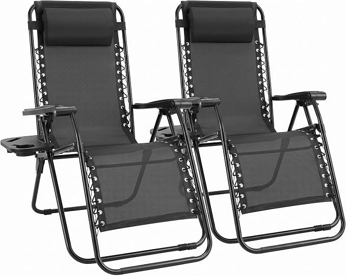 Sweetcrispy Zero Gravity Chairs Set of 2, Outdoor Folding Patio Lounge Chair with Cup Holder Tray, Portable Beach Camping Recliner for Poolside, Garden, Backyard, Lawn, Solid Black